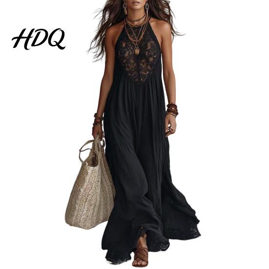 Boho Chic Clothing Women's Sheer Lace Halter Maxi Dress Sleeveless Floral Beach