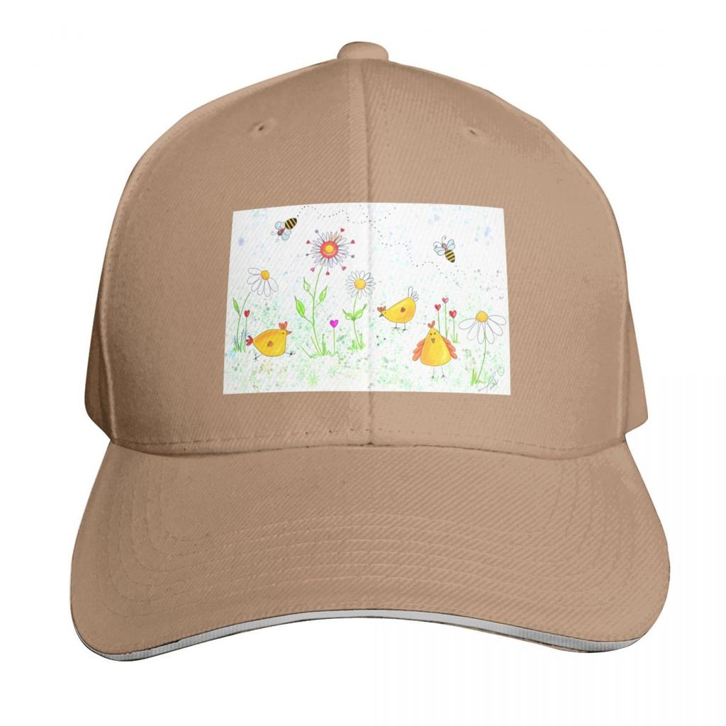 Chickens illustration happiness bees by Pascale Breton Baseball Cap Big Size Hat birthday Snapback Cap Unisex Luxury Brand Womens