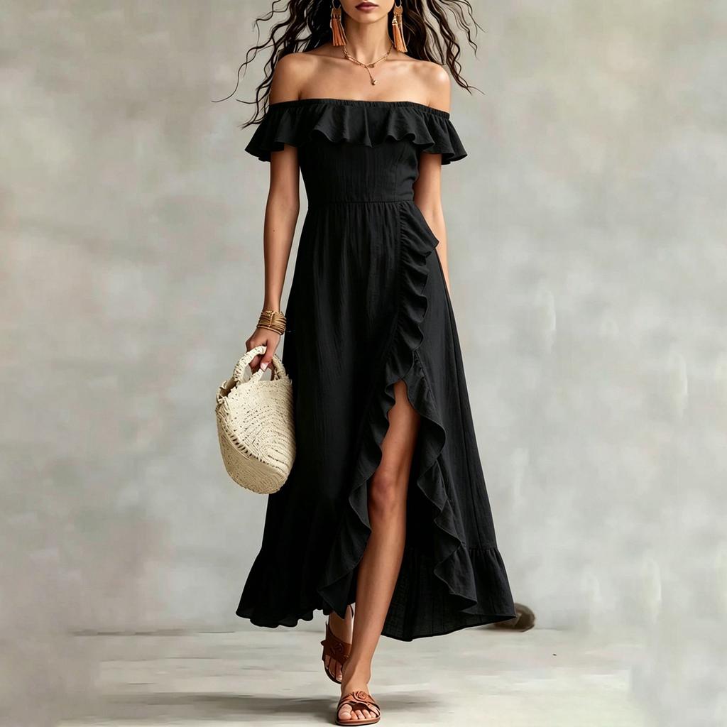 Modisches Sexys Rüschen-Einschulter-Kleid für Damen, temperamentvoll, für den Urlaub, locker