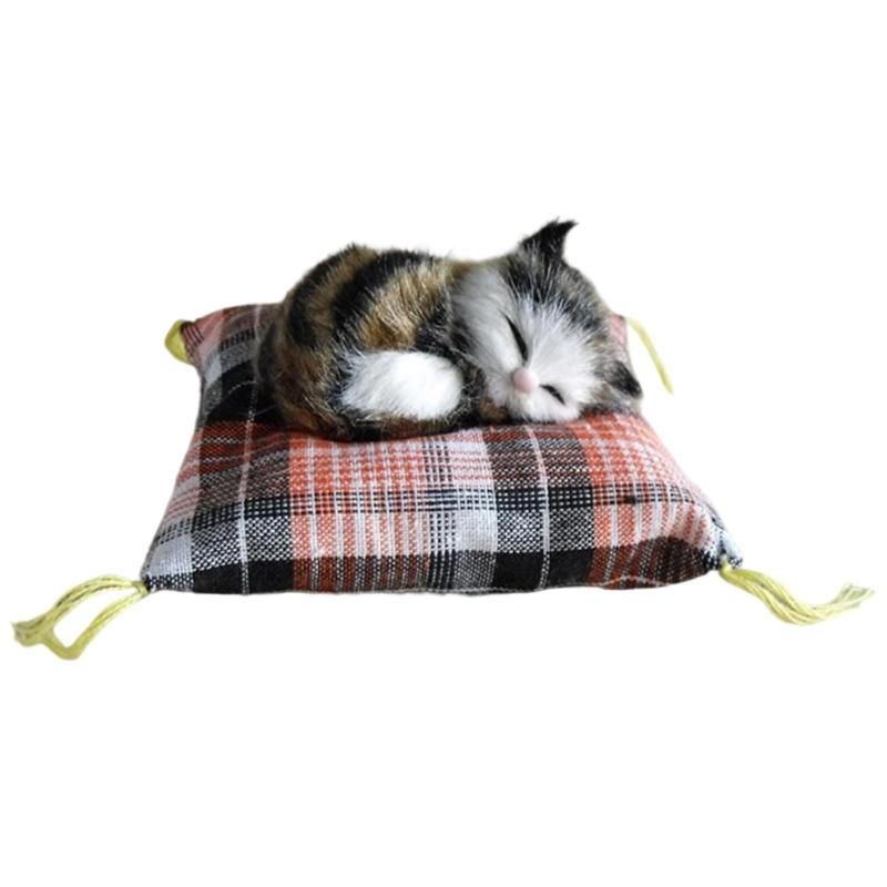 Realistic Sleep Cats Doll Plush Furry Animal Statue with Soft Mat Bed Stuffed Pet Doll for Kids Adults Birthday Gift