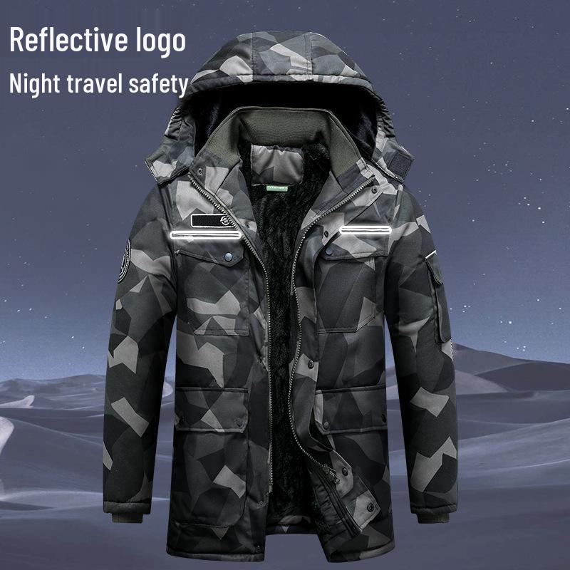 Men's Mid-Length Camouflage Cotton Jacket: Thick, Waterproof, Cold-Proof with Fleece Lining & Reflective Strips for Winter Workwear