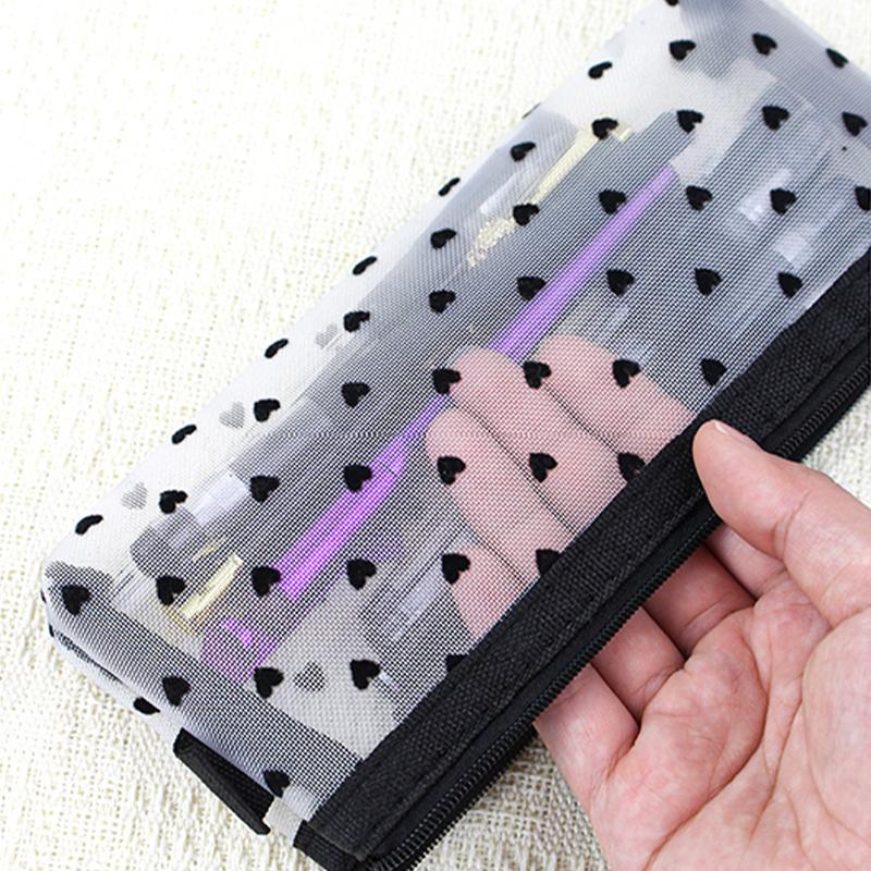 Mesh Pencil Case Cosmetic Makeup Bags Case Transparent Multifunction Organizer Folder Zipper Black Heart Pencil Case Storage Bag