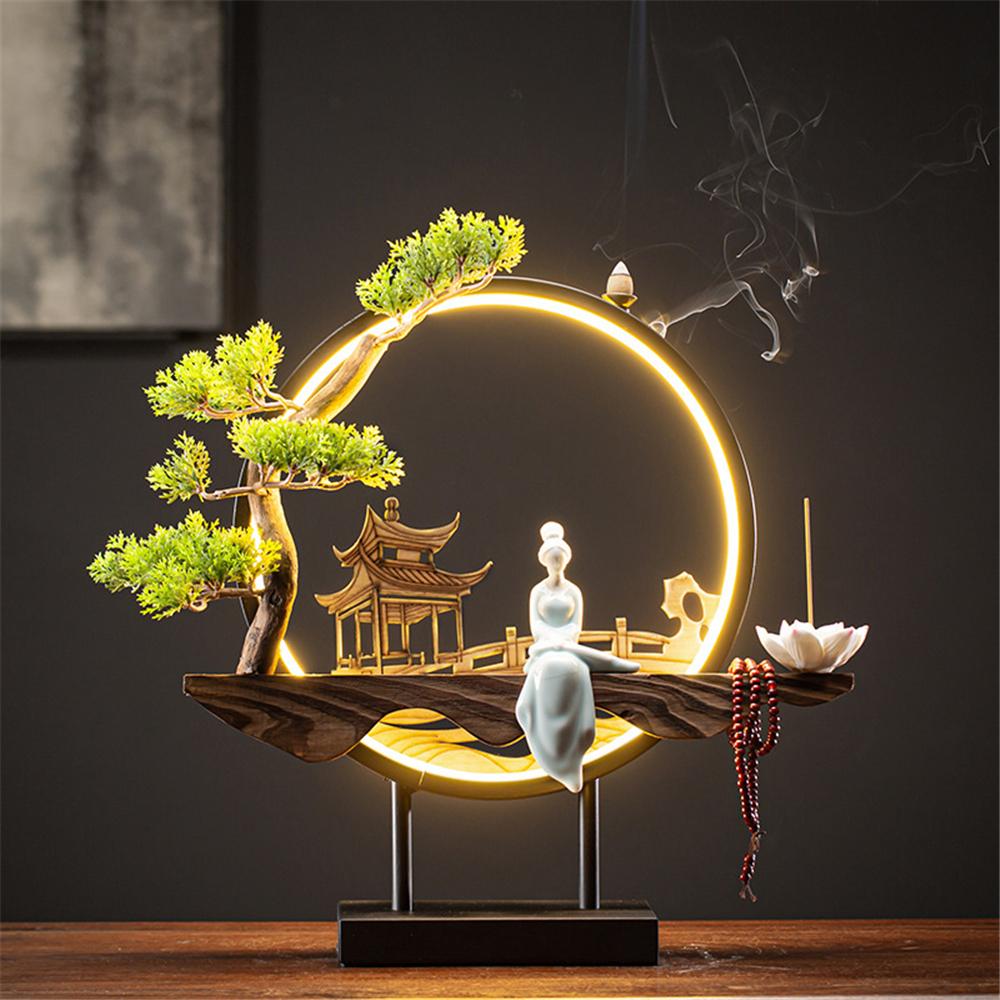 Led Light Backflow Incense Burner USB Light Circle Simulation Tree Ceramic Lotus Buddha Beads Home Office Decoration Furnishing