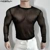 Men Round Neck Long Sleeve Mesh Sheer Tops Slim Striped Transparent T-shirts