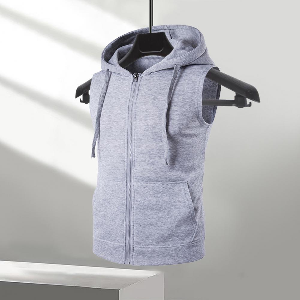 Men Vest Jacket Hooded Drawstring Sleeveless Zipper Placket Vest Coat Solid Color Pockets Zipper Placket Waistcoat