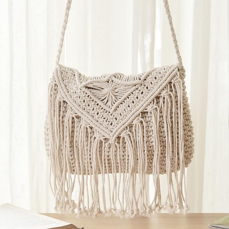 Handgefertigte Baumwollgewebte Gestrickte Quasten Umhängetasche Vintage Schulter Umhängetasche Damenmode Strand Sommer Handtaschen 2023 Tasche