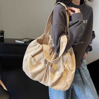 Japanese Retro Corduroy Handbag Canvas Large-Capacity Underarm Bag Fashion Drawstring Shoulder Women'S Bag