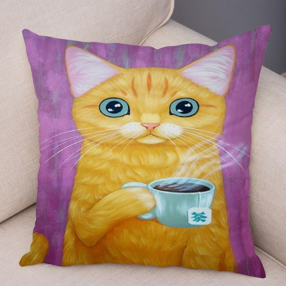 Bedroom Cute Funny Cartoon Coffee Cat Pillowcase Decoration Pet Animal Pillowcase Cushion Cover Sofa Home Car