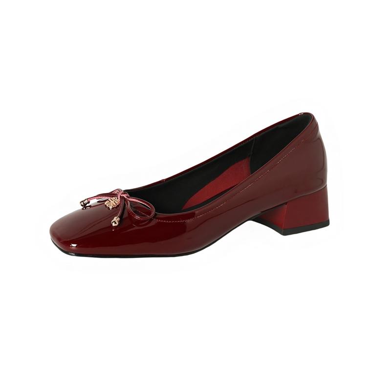 

Fashion Women s new leather sheepskin patent leather square bow soft and comfortable mid heel fashion single shoe 220 вино красного