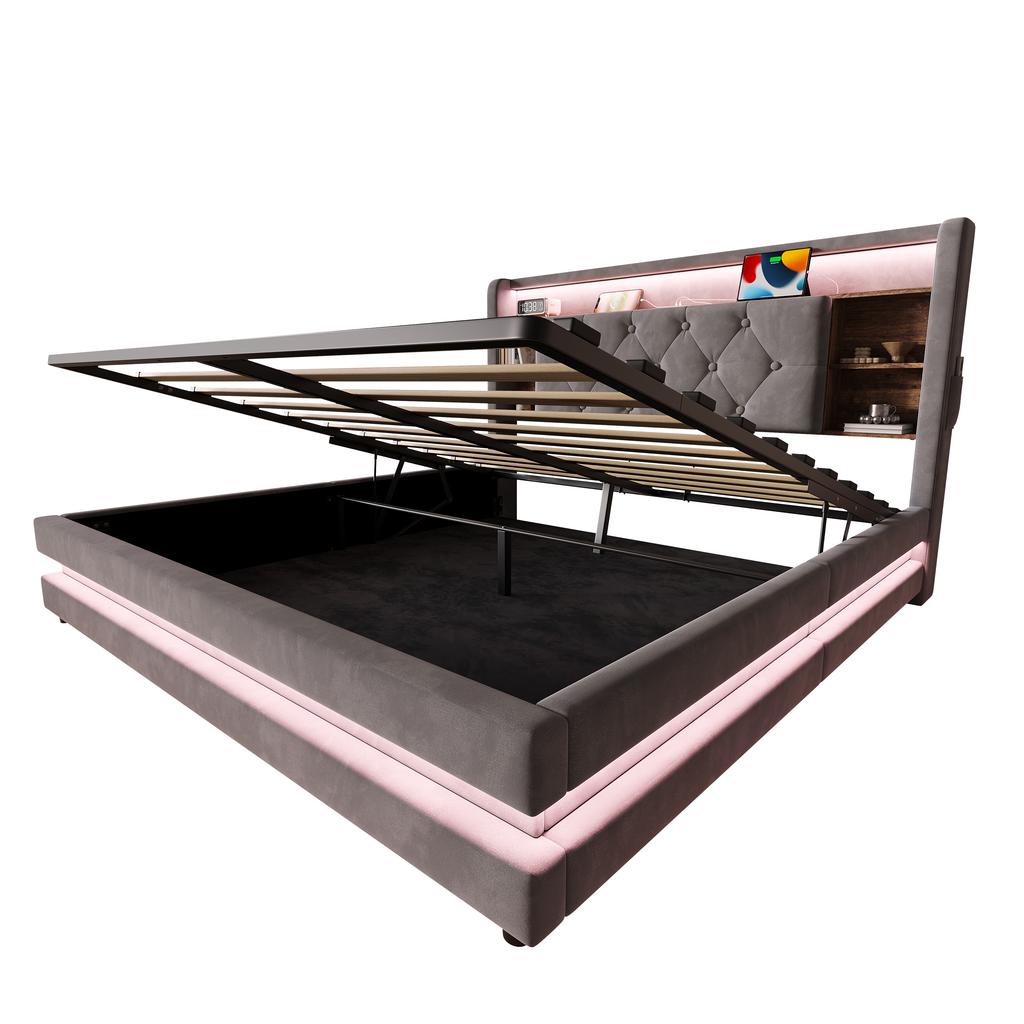 140 × 200 Cm Upholstered Bed with Storage, Velvet Bed with Multifunctional Headboard, LED Lighting, 2 USB & Type-C Port, Hydraulic, Dark Gray