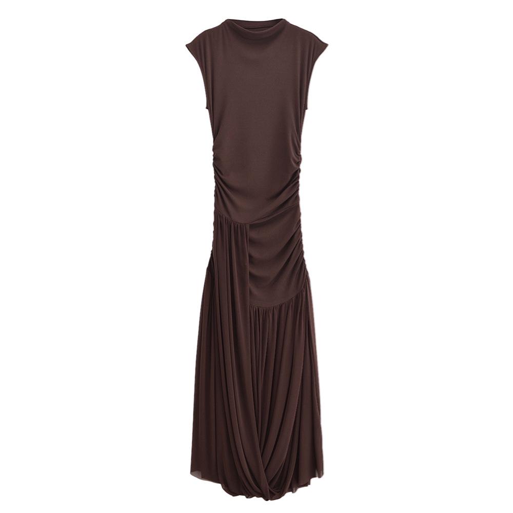 

2025 Spring/Summer Women s Slim Pleated Silk Midi Dress with Stand-Up Collar Extra Small глубокий/коричневый