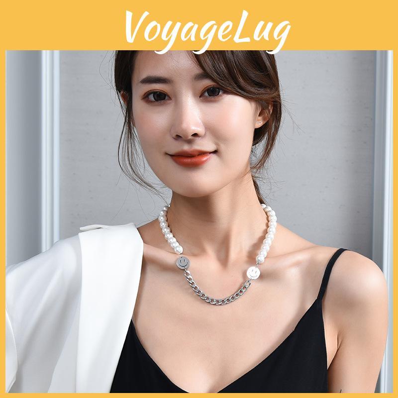 Stylish Titanium Steel Pearl Necklace With Double Smiley Face Design For Men And Women