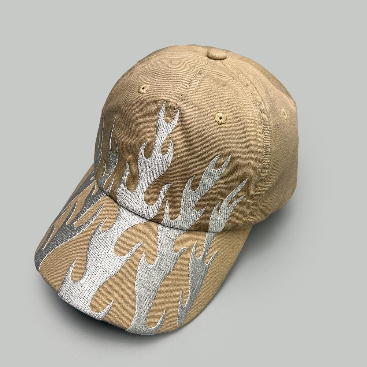 Nische Hip Hop Buchstabe Flamme Flagge Baseballkappen Neu Unisex Sonnenschutz Persönlich Vielseitig Farbblock Mode Retro Ins Schirmmützen 52-60cm beige