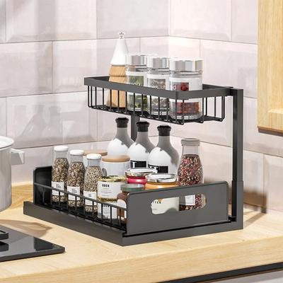 Kitchen Cabinet Organizer Large Capacity Double Layered Sundries Organizer Metal Shelf Seasoning Bottle Storage Rack Save Space