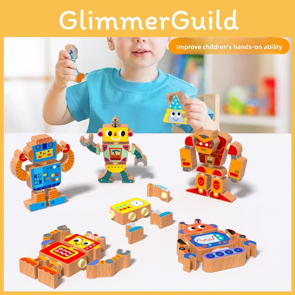 6 Piece Wooden Cartoon Robot Assembly Building Block Children Puzzle Toy Set For Brain Development