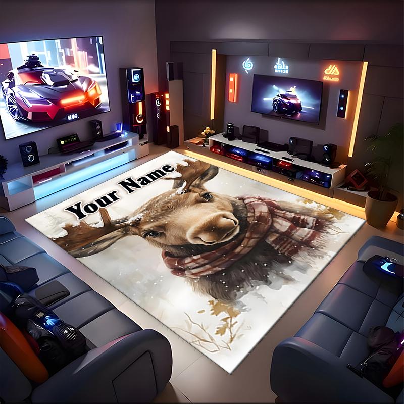 1PC Custom Name Winter Moose Portrait Theme Floor Mat Ideal for Living Room, Game Rooms, Office, Bedroom,Floor Mat Playful Design