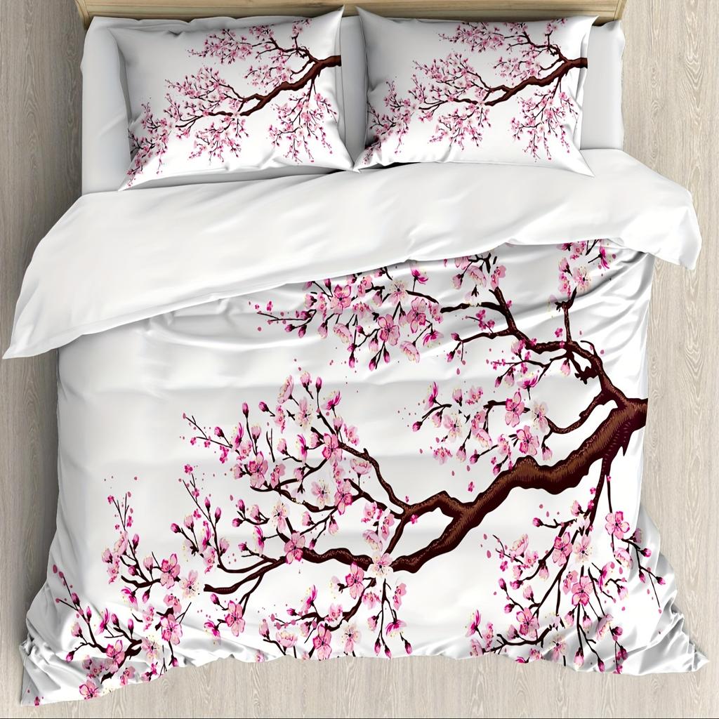 3-Piece Japanese-Inspired Duvet Cover Set - Vibrant Sakura Tree Flowers Spring Theme Art Soft Decorative Bedding with 2 Matchin