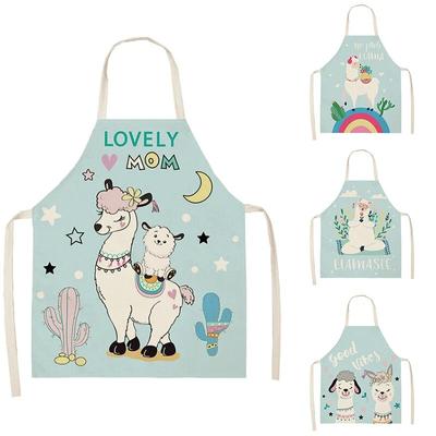 Cute Alpaca Series Cotton and Linen Apron Kitchen Apron Home Cooking and Baking Bib Cleaning and Anti-fouling Tool
