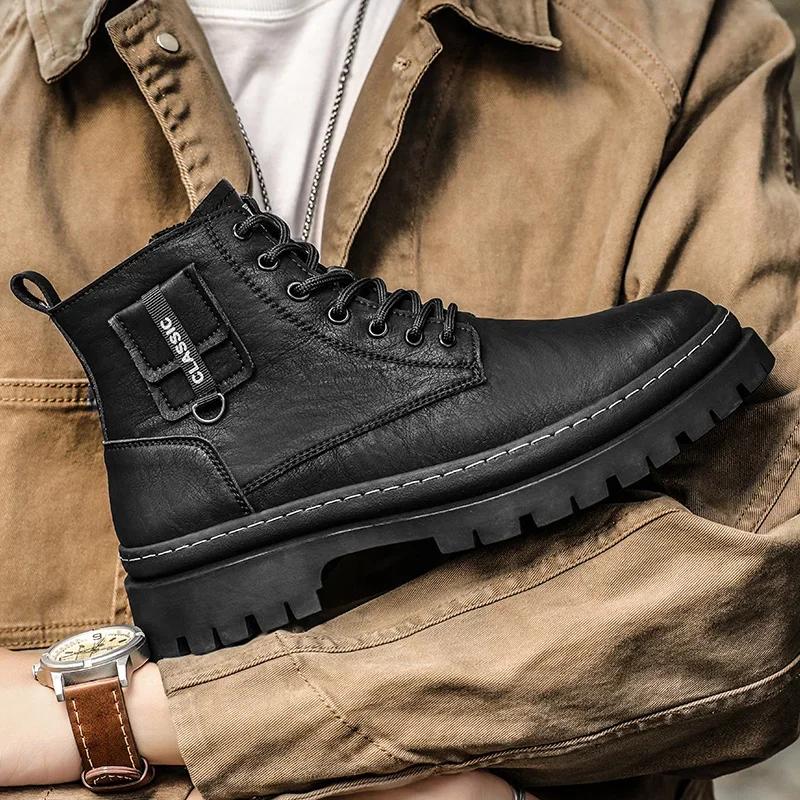 Luxury Men Round Toe Flat Designer Ankle Boots British Casual Leather High-top Boots High Quality 2024 New Outdoor Oxford Boots