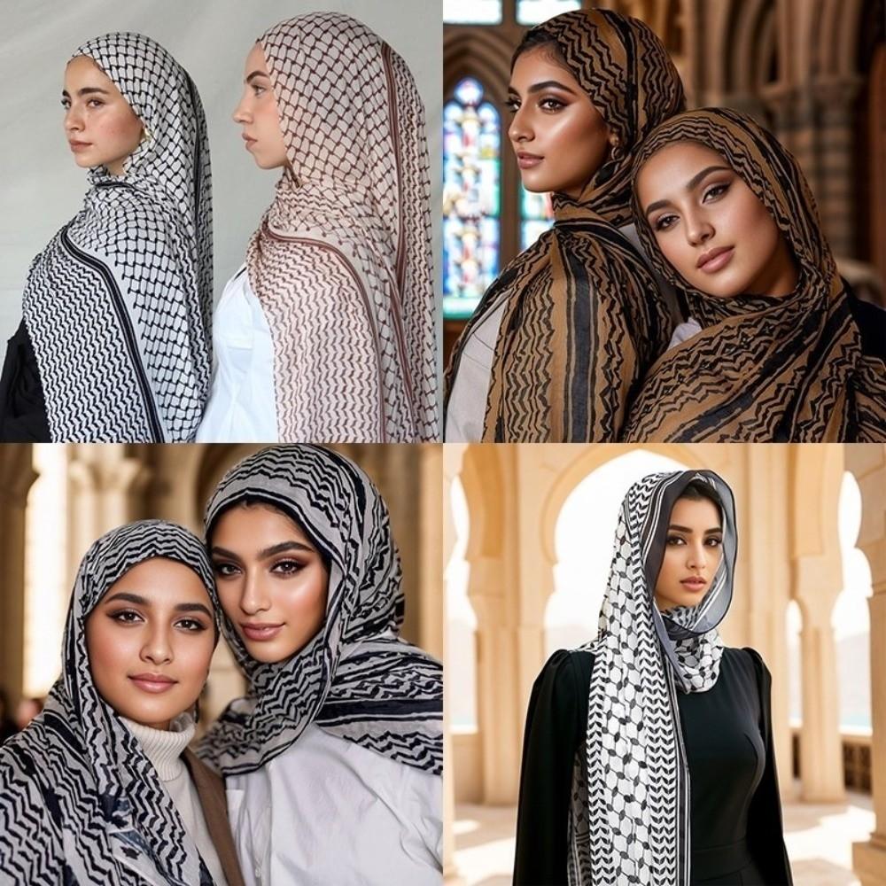 Long Chiffon Hijab Scarf Plaid Print Islamic Headscarf Fashion Keffiyel Headscarf  Party