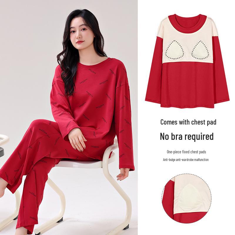 100% Cotton Women's Red Pajamas - Spring/Fall Wedding Year of the Rat Long Sleeve Plus Size Set