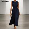 New Women's Sleeveless Round Neck Ruched Dress Elegant Simple Spring Summer Style