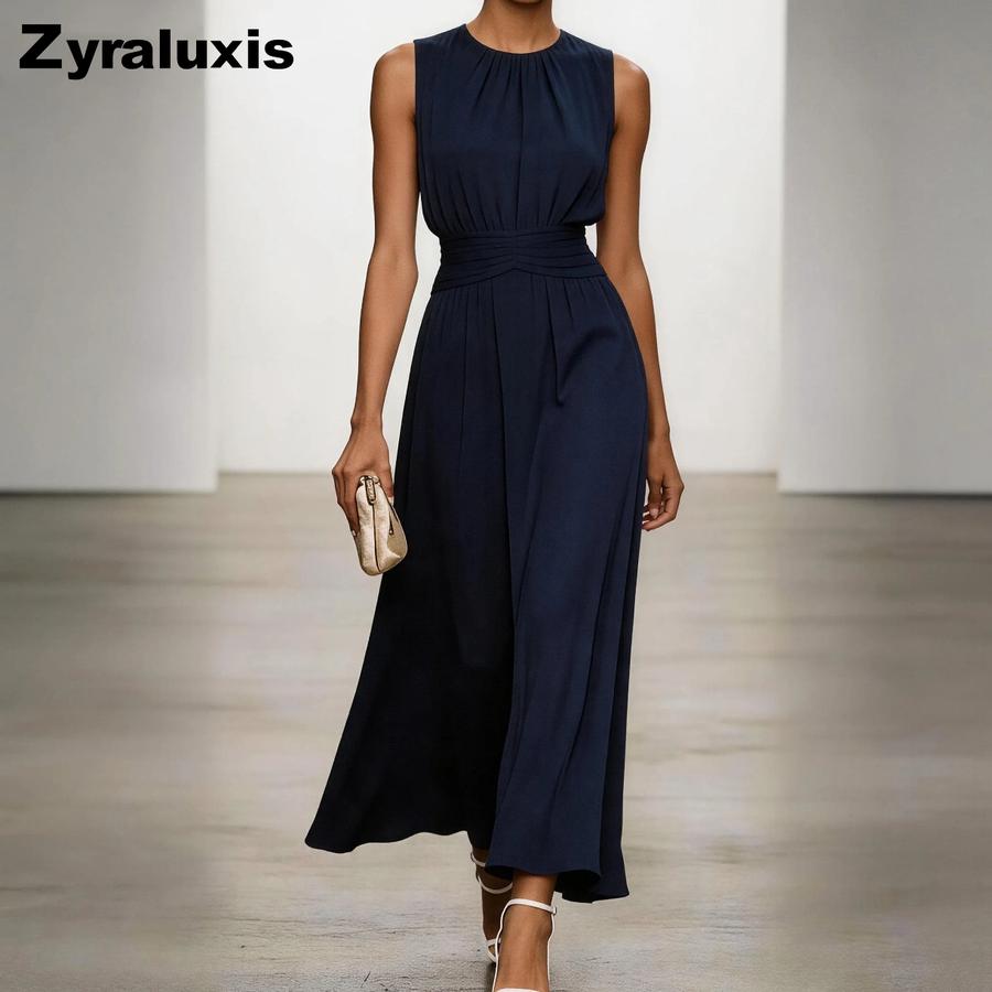 New Women's Sleeveless Round Neck Ruched Dress Elegant Simple Spring Summer Style