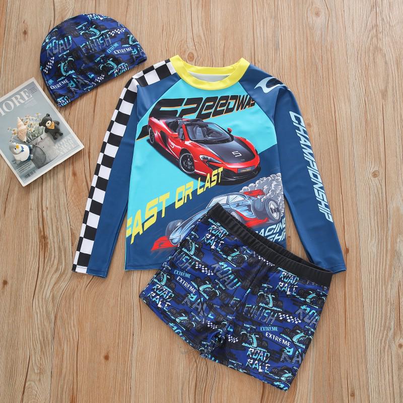 2026 Boys' Long Sleeve Racing Print Swimsuit with UPF50+ Sun Protection