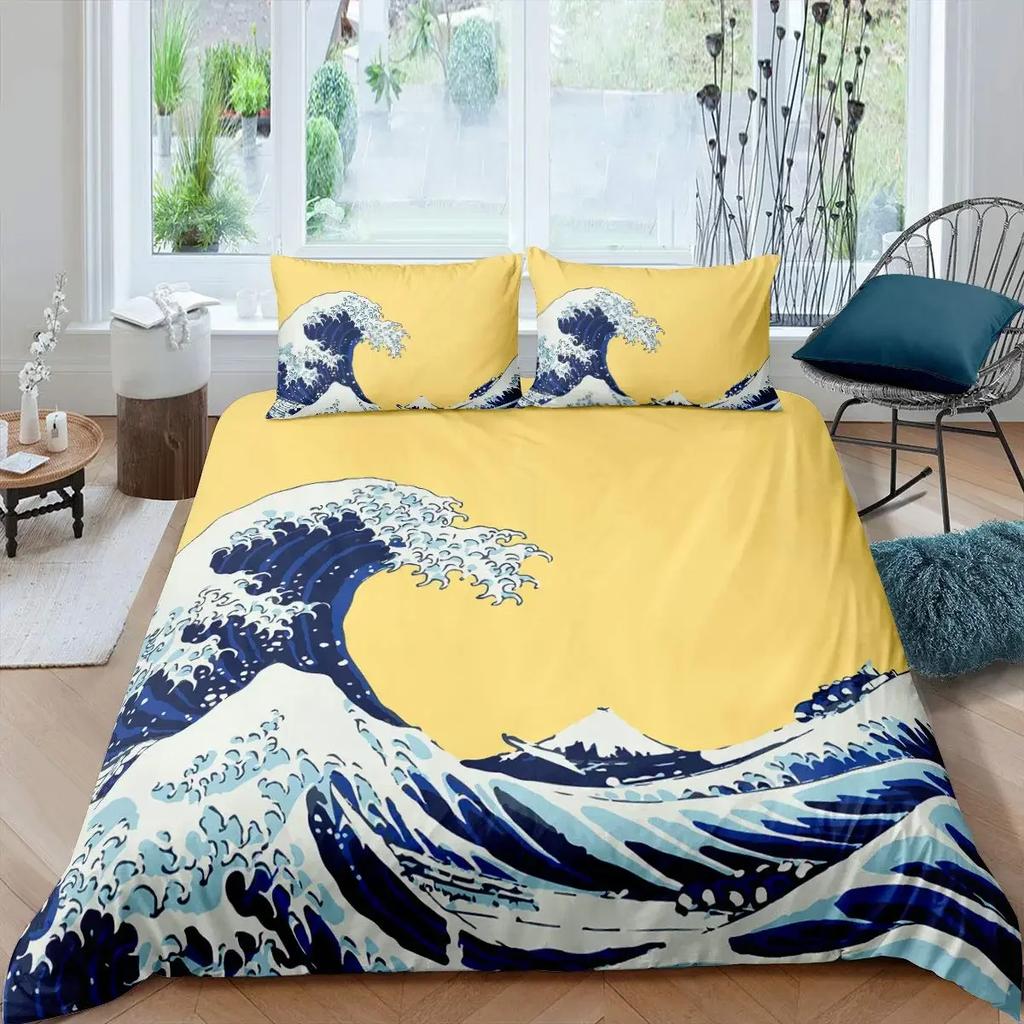Comforter Japanese Wave King Queen Blue Sea Bedding Set Maple Leaf Moon Hokusai Ukiyo-E Polyester Comforter