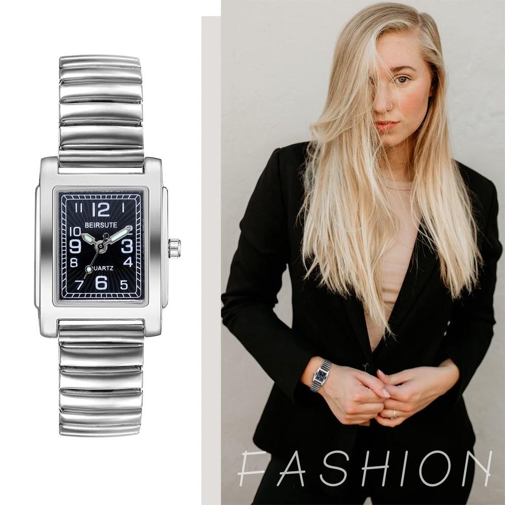 JewelryWe Women's Square Bracelet Watch Elastic Band Analog Waterproof Silver Gift