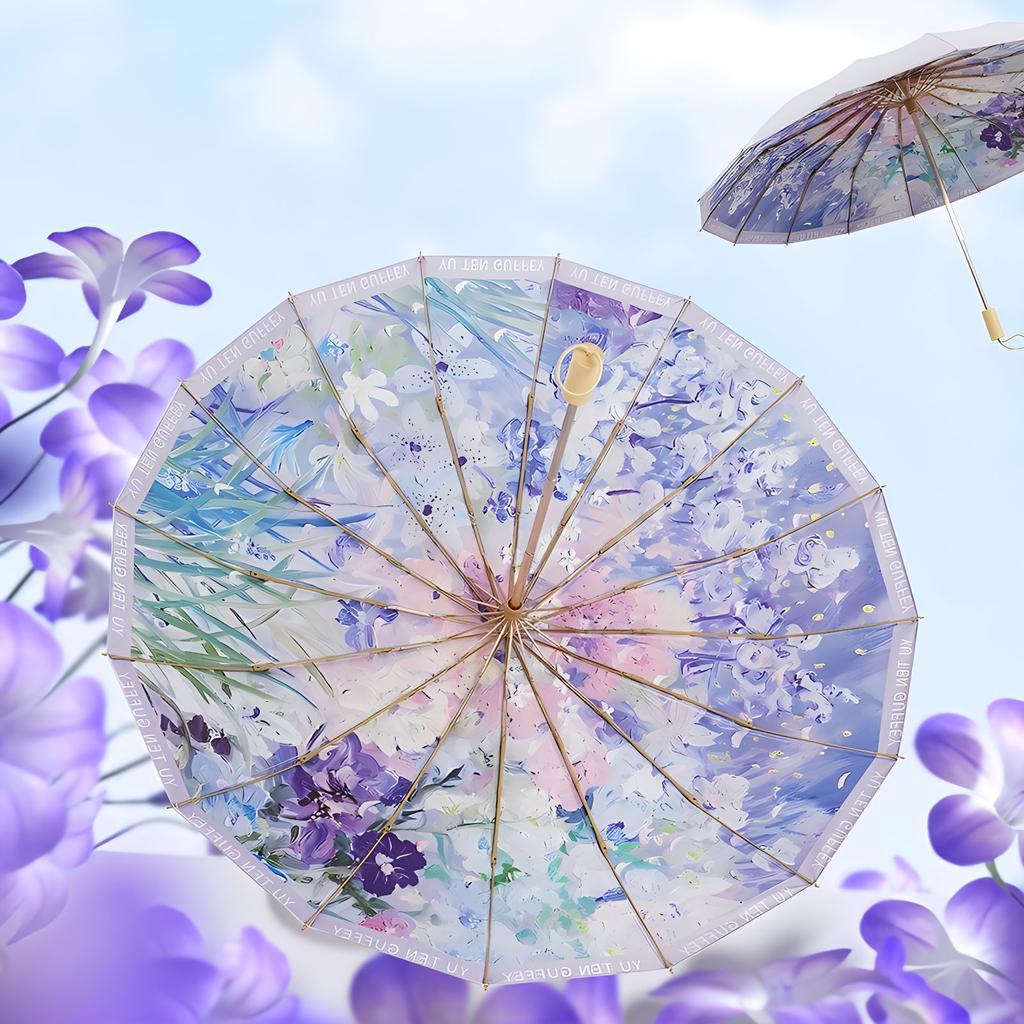 Three-fold 16 bone color glue sunscreen umbrella oil painting series folding umbrella parasol retro wooden handle umbrella