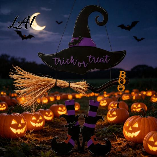 Hanging Wall Decor Halloween Witch Hat Boot Sign Trick or Treat Decoration Reusable Sign for Home Room Wooden Front Door Hanger Holiday Party,