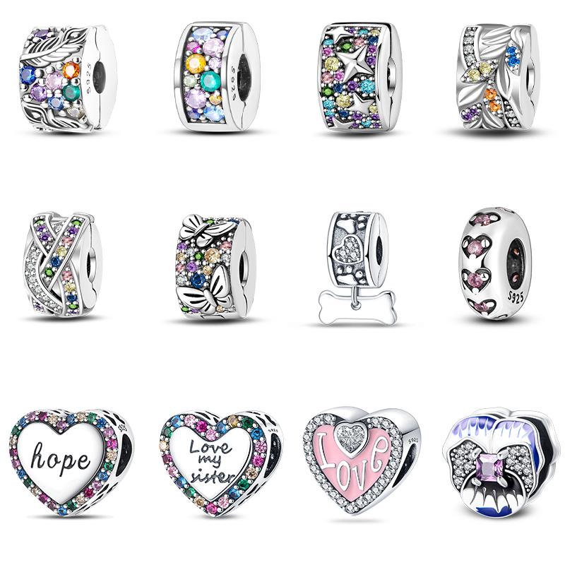 S925 Silver Butterfly Kitten Dog Claw Colorful Zircon Interval Charms Beads Fit Pan Bracelets DIY Jewelry