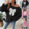 Damers europeisk & amerikansk stickad tröja med rosettbroderi och lösa mikro-utsvängda ärmar
