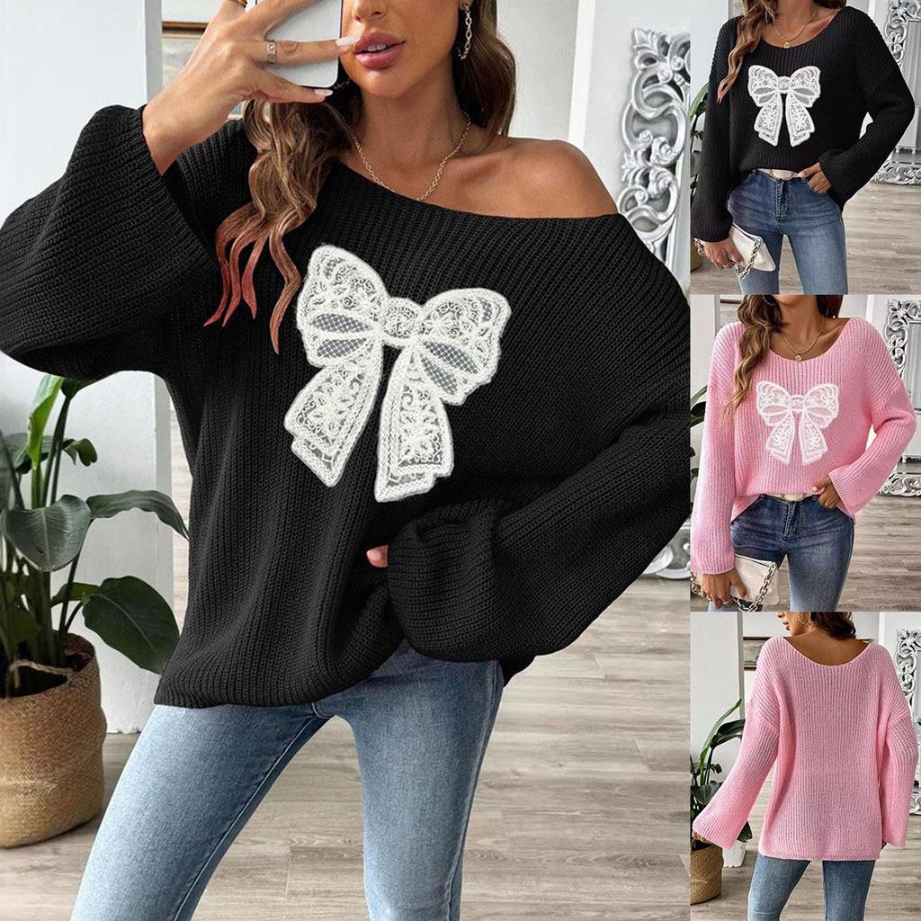 Women's European & American Bow Embroidery Pullover Sweater with Loose Micro-flared Sleeves