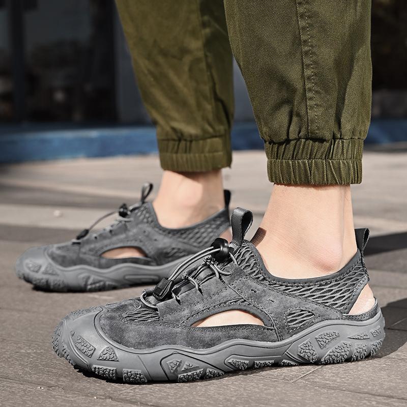 Sandale pentru bărbați cu vârf închis, plasă de vară, modă respirabilă, sandale casual din piele, pantofi de alpinism de dimensiuni mari