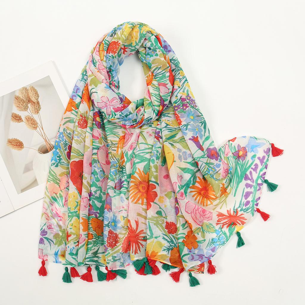 Hijab Women'S Floral Print Tassel Voile Shawl Muslim Long Scarf Islam Head Wrap Turbans Fashion Lightweight Soft Scarves