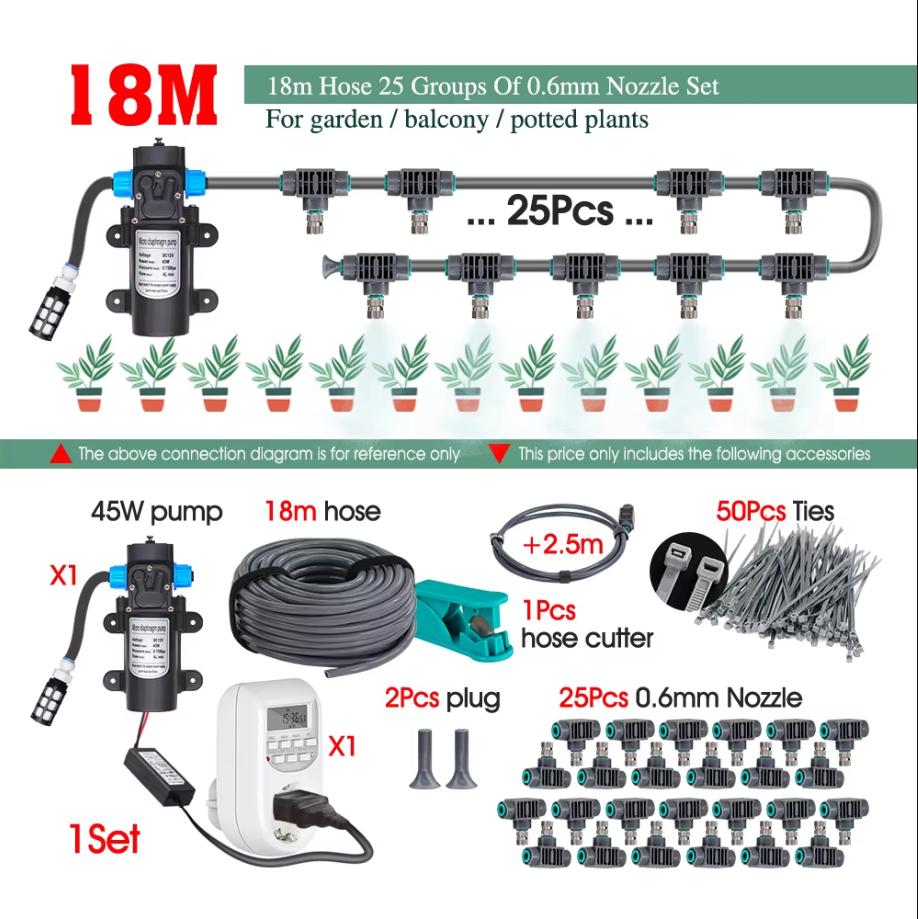 45W Pump Garden Irrigation Kit 0.6mm Misting Cooling System Self-priming 110-240V Power Supply Fine Atomization Sprayer Fittings