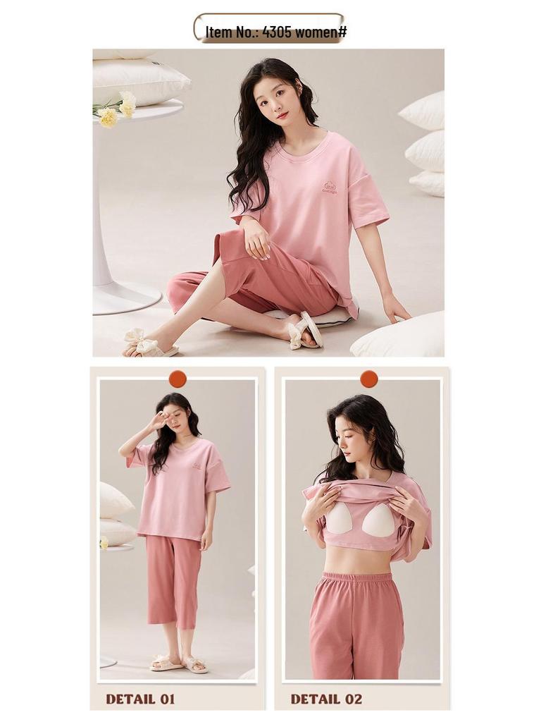 2025 Women's Summer Capri Pajama Set: Short-Sleeve, Thin Cotton with Breast Pads, Versatile for Home or Outside Wear
