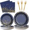 Navy Blue Gold Party Decorations Blue and Gold Disposable Tableware Set Paper Plates Cups Napkin Tablecloth Wedding Anniversary