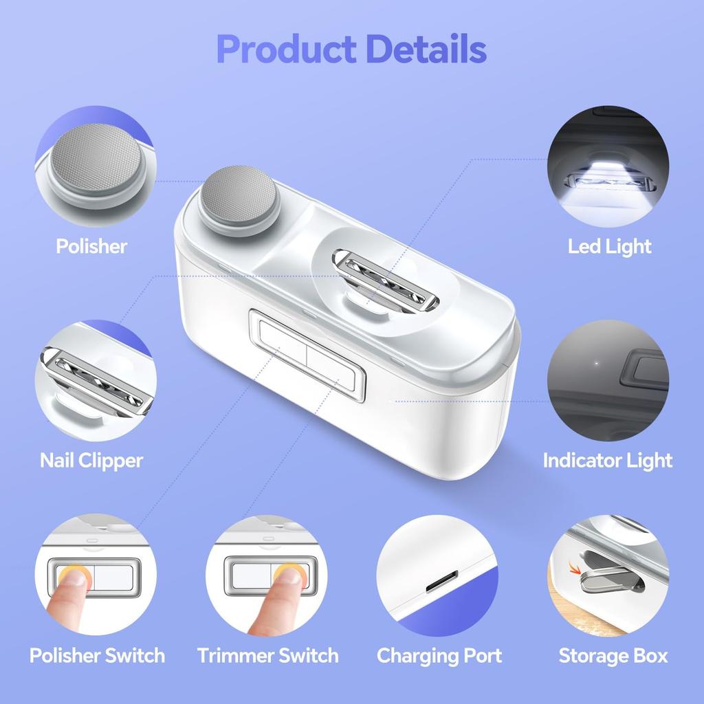 Electric Automatic Nail Clipper with LED Light & 2 Speeds, Fingernail Cutter and Polisher 2 In 1 Design, Nail Scraps Storage Rechargeable Safety