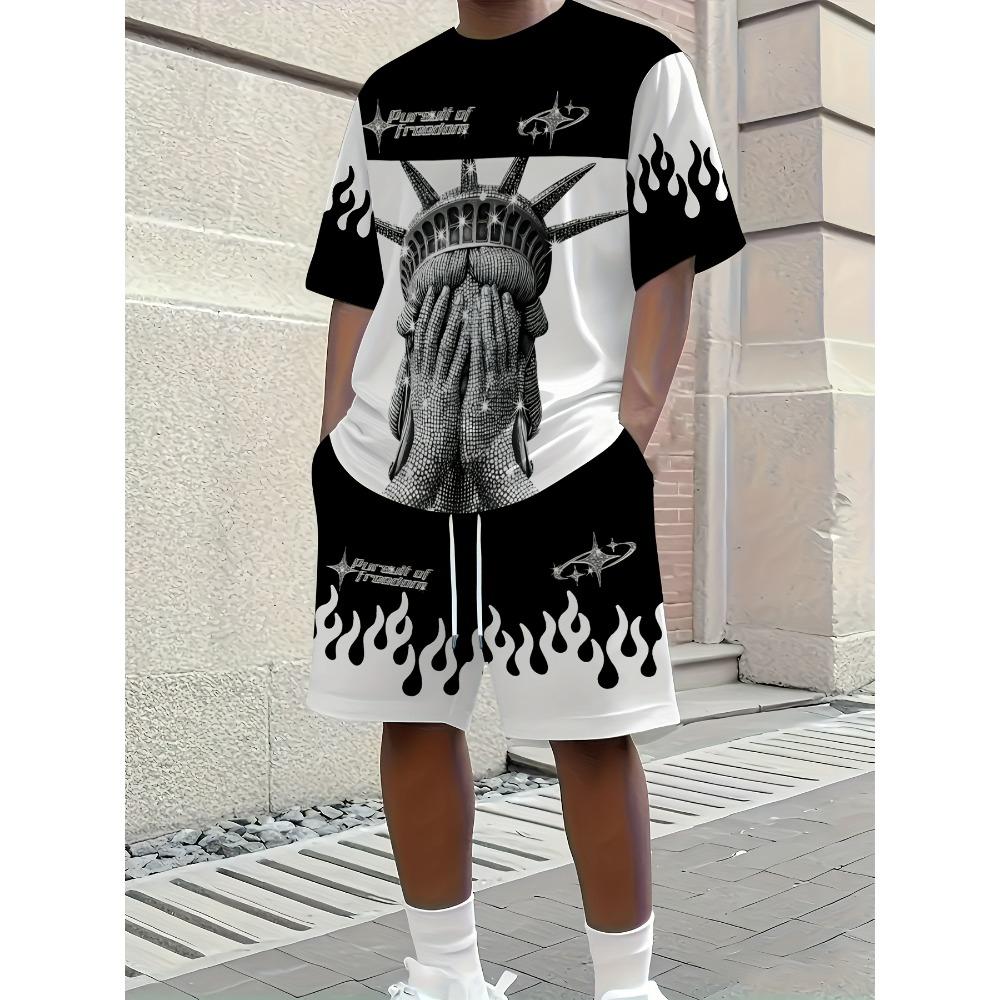 Summer Men's Fashion Personality Letter Printed Short Sleeved Shorts Two-piece Set Outdoor Sports Breathable T-shirt Set