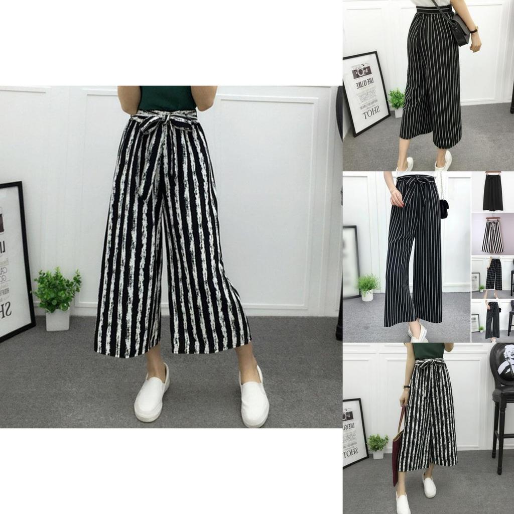 Women High Waist Elastic Striped Culotte Pants With Elegant Wide Leg Flare Design For Casual Wear