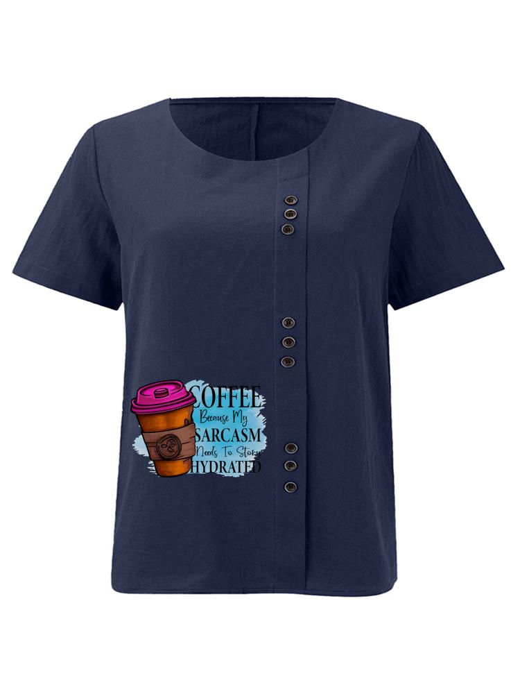 Women's Fashion Coffee Alphabet Print Casual Cotton Linen Short Sleeve Round Neck T-shirt Shirt Leisure Loose Summer Blouse Tops