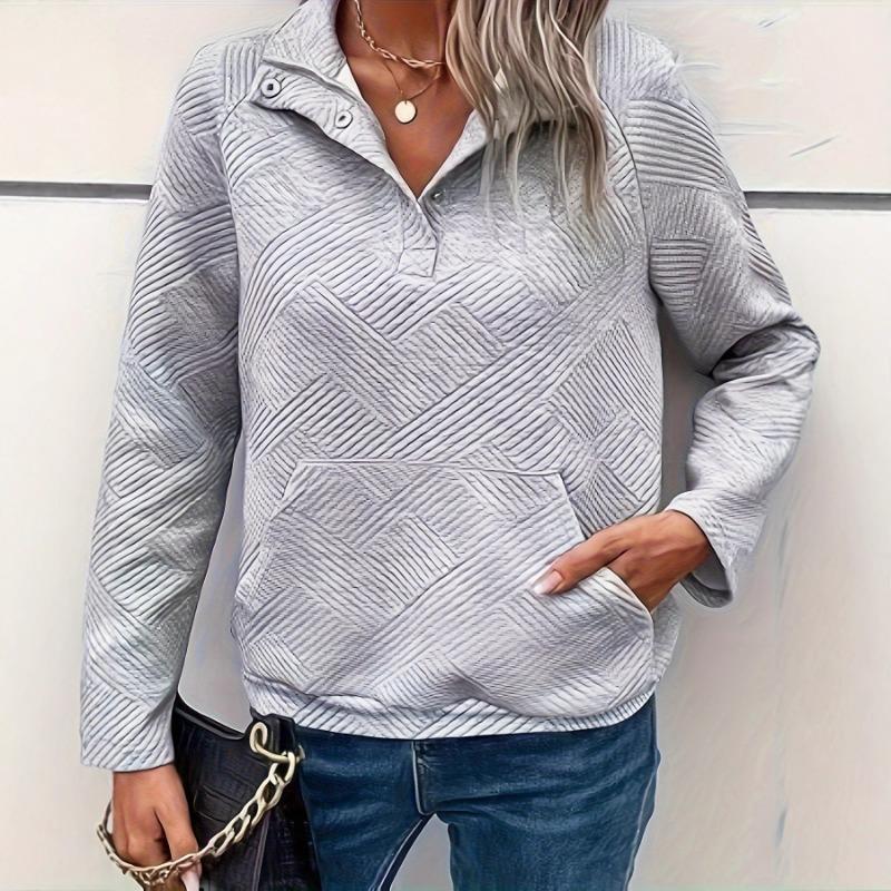 Buttoned Collar Long Sleeve Solid Texture Casual Women S Sweatshirt