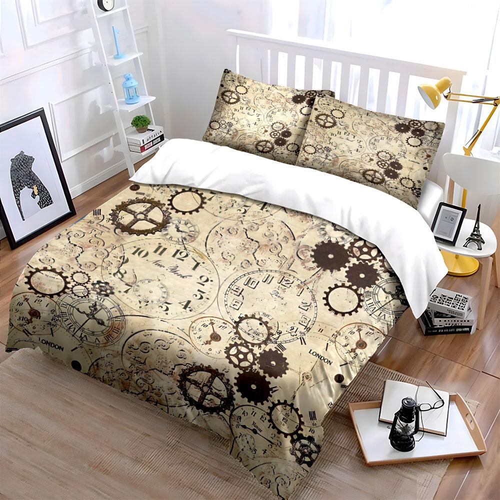 Vintage Clockwork Design Bedding Duvet Cover Set Duvet Cover Pillowcases (1*Duvet Cover 2*Pillowcases, without duvet insert)