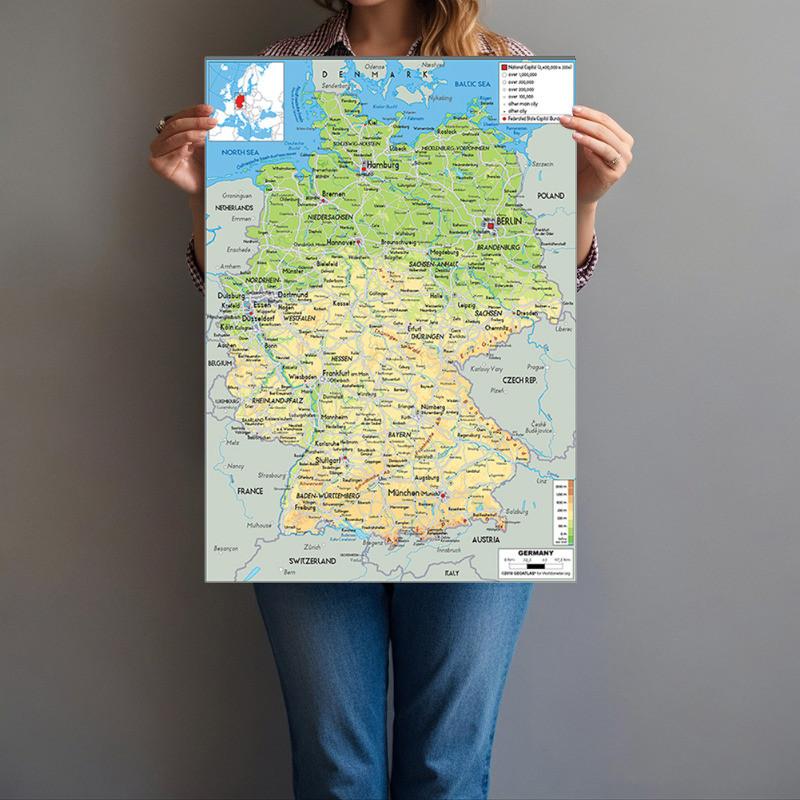 Unframed English-Germany Map-Geographic Map,Wall Decor for Home,Classroom,Indoor/Outdoor Use,Educational Poster,Travel Tools