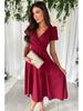 2024 Summer V-Neck Ruched Waist Puff Sleeve Swing Dress for Women