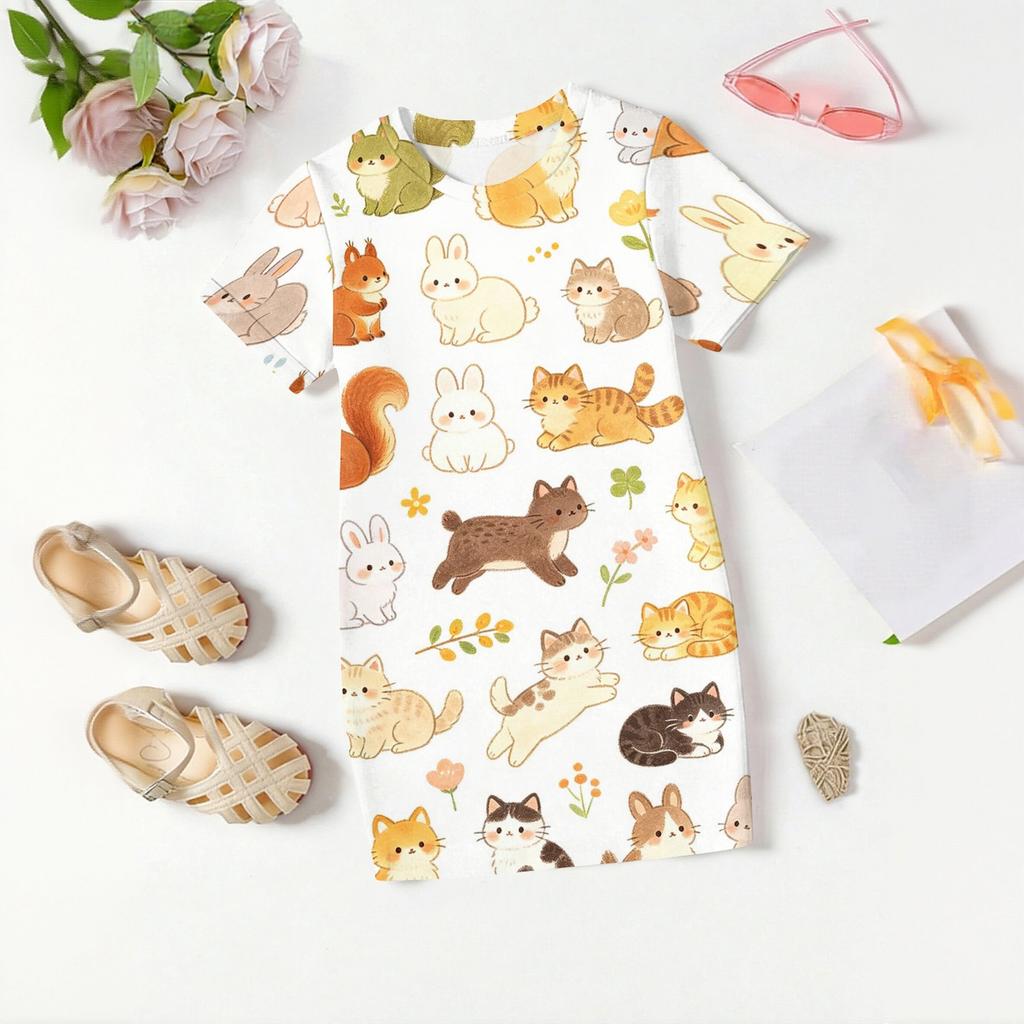 Girls Loose Fit Short Sleeve Dress Animal Print Lightweight Casual Round Neck Summer Dress for Kids