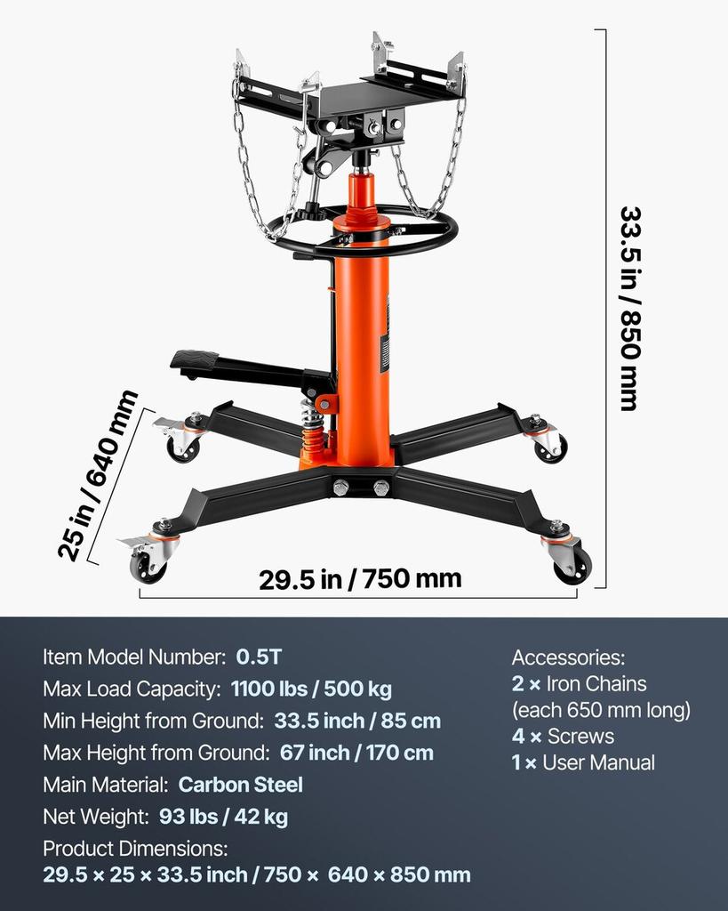 Transmission Jack 1100 Lbs 2-Stage Hydraulic High Lift Vertical Telescopic
